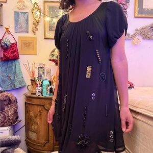 Yoanna Baraschi Anthropologie Silk Black Embellished Dress Small